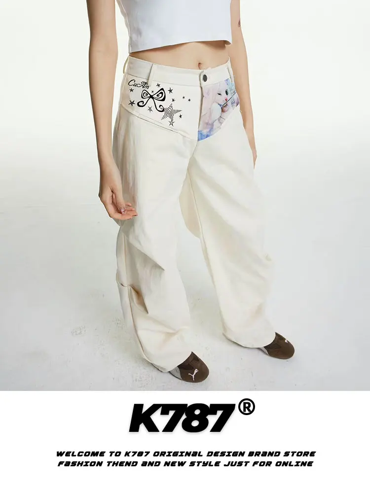 

Брюки прямого кроя K787 оверсайз для мужчин и женщин, повседневные брюки с принтом, джинсы с высокой талией и широкими штанинами, осенняя мода