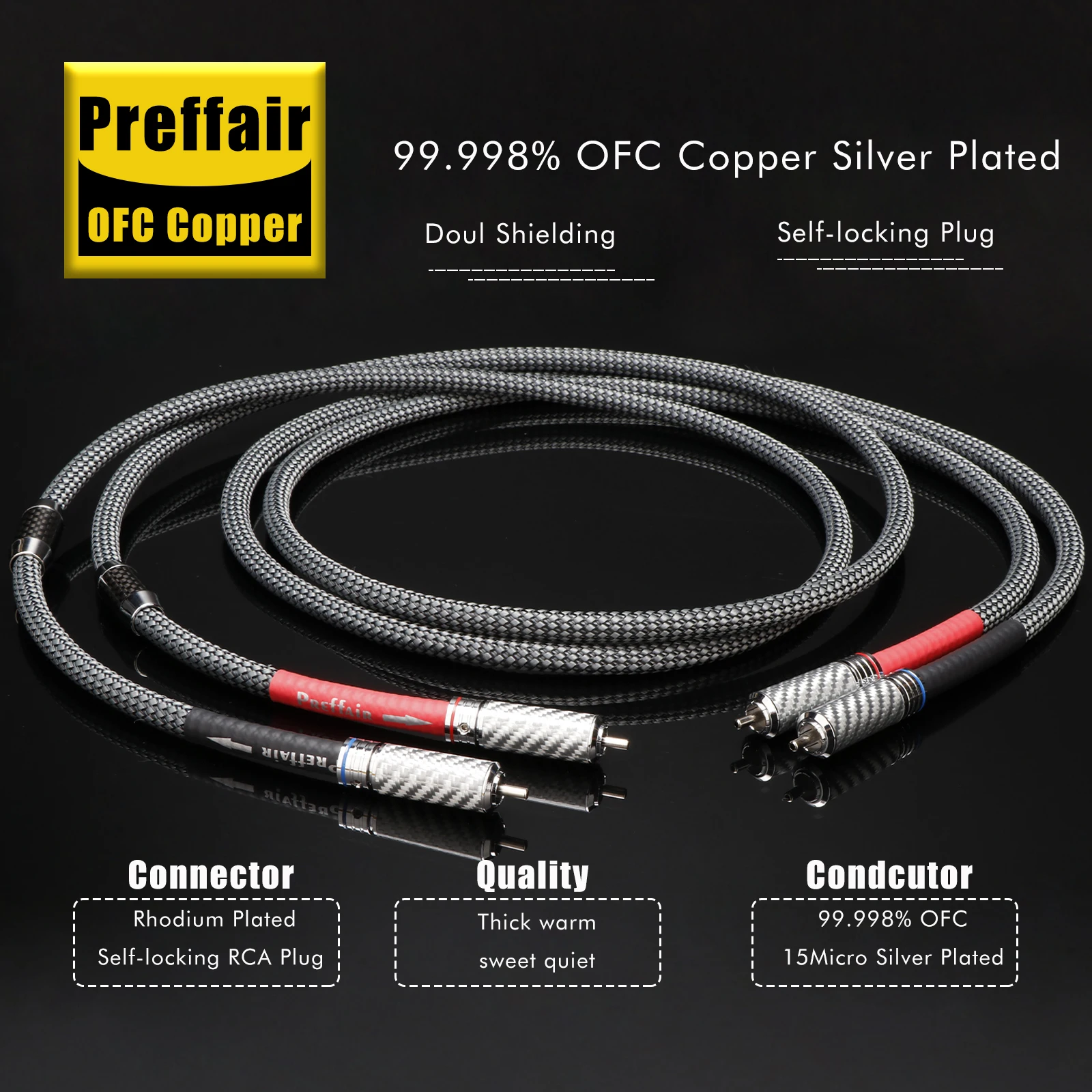Hifi RCA Cable 4N OFC silver plated rca audio cable 2rca to 2rca signal wire carbon fiber rhodium plated rca connector Cable