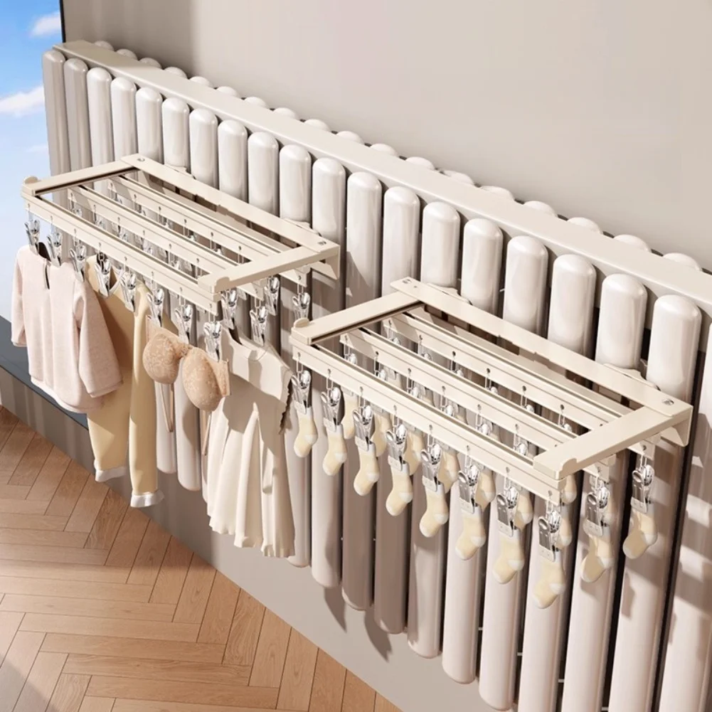 18 Clips Radiator Drying Rack Foldable Stainless Steel Sock and Underwear Holder Space Saving Design for Heater Use