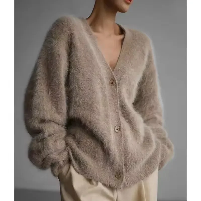 Autumn Winter Plush Women Cardigan Sweater Imitation Mink Fur Versatile Casual Knitwear Female V-neck Loose Ladies Knitted Top