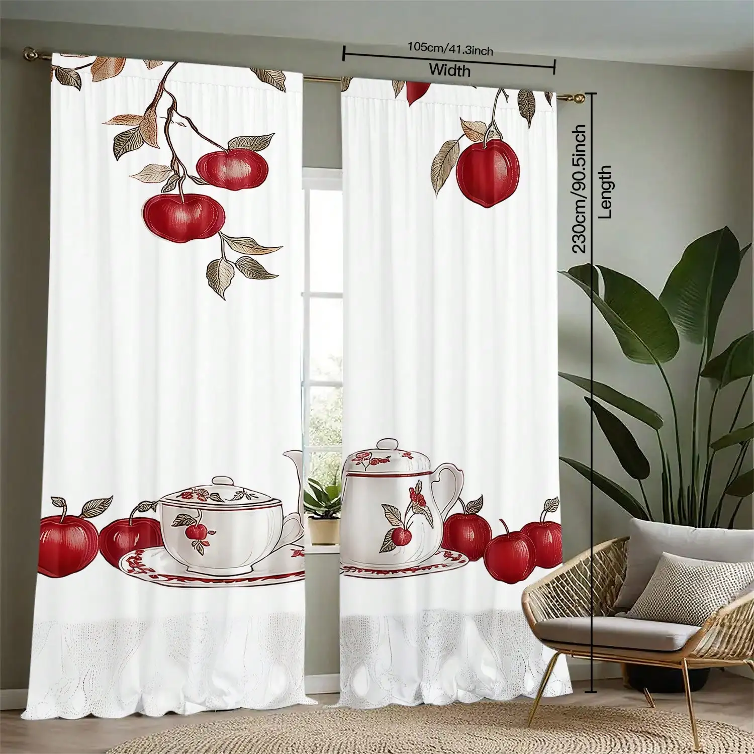 Apple Print Curtain, Farmhouse Teapot Tea Set Blackout Curtains, Country Style Fruit Branch Window Drapes for Kitchen, 2 Panels