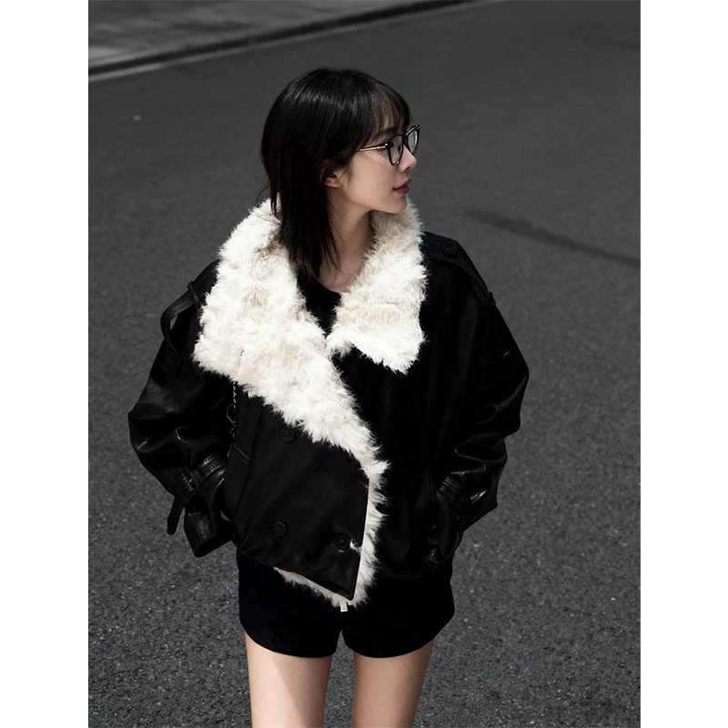 MEXZT Black Pu Leather Jacket Women Cropped Faux Fur Patchwork Motorcycle Coat Winter Streetwear Korean Long Sleeve Outerwear