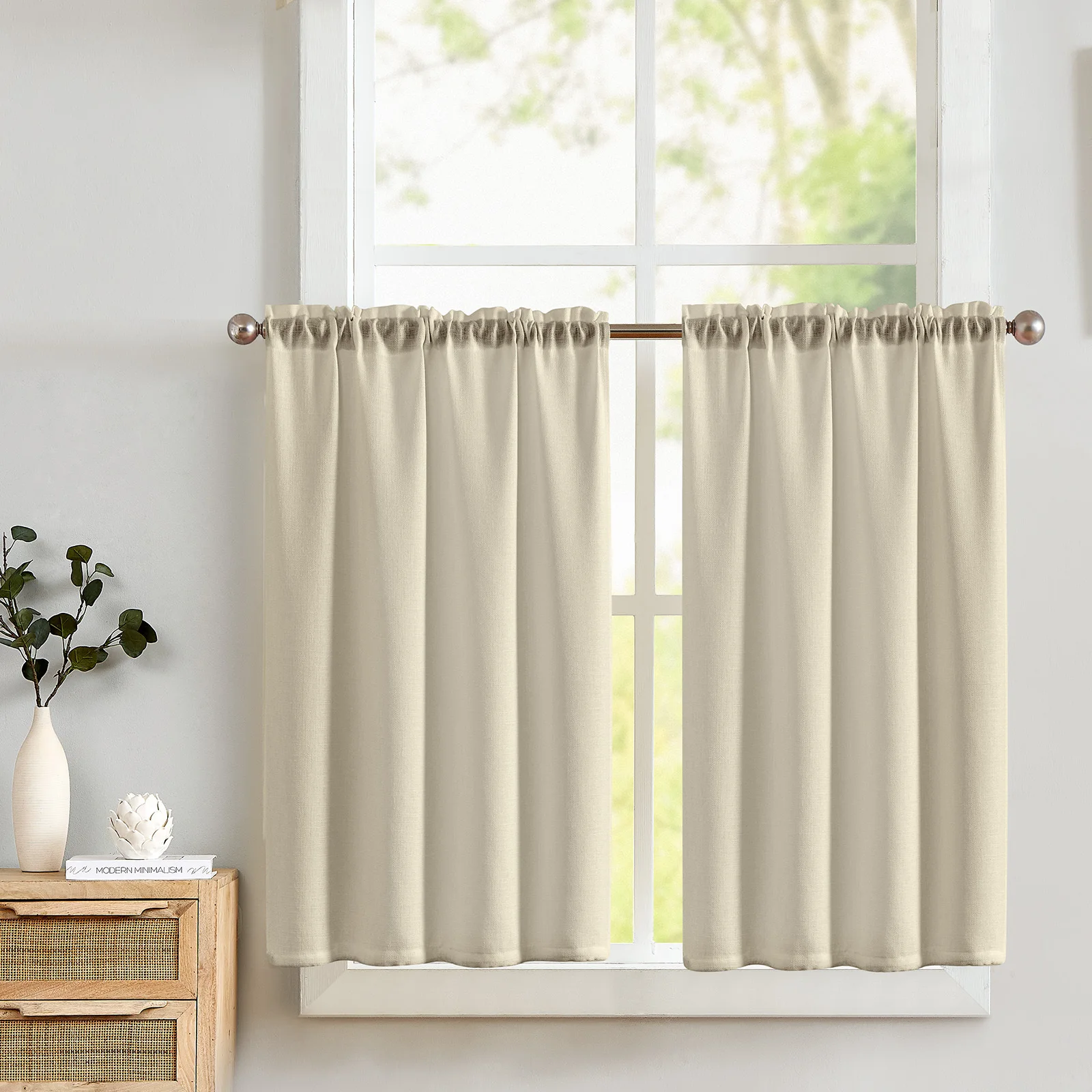 JINCHAN Taupe Kitchen Curtains Faux Linen Weave Tier Cafe Curtains Bathroon Sink Light Filtering Rod Pocket Small Window Drapes