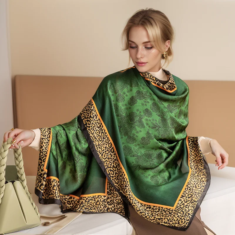 Bohemian-Style Leopard Print Silk Scarf Shawl for Women Thin Satin High-End Versatile Printed Fashion Accessory