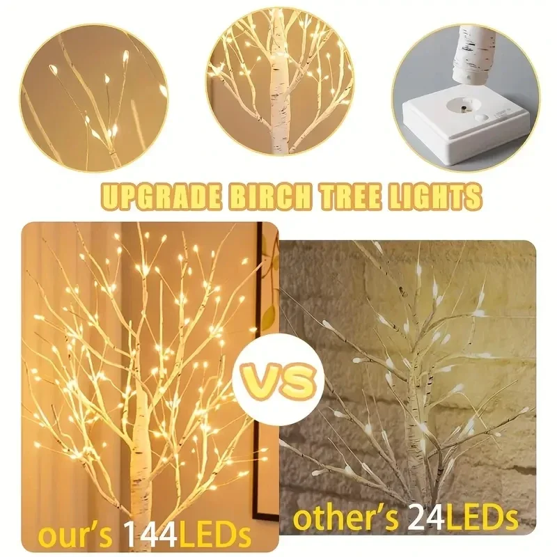 144 LED Birch Tree Light Warm White USB Battery Power Holiday Decorative Tree Christmas Halloween Easter Gift Luces Lights Led