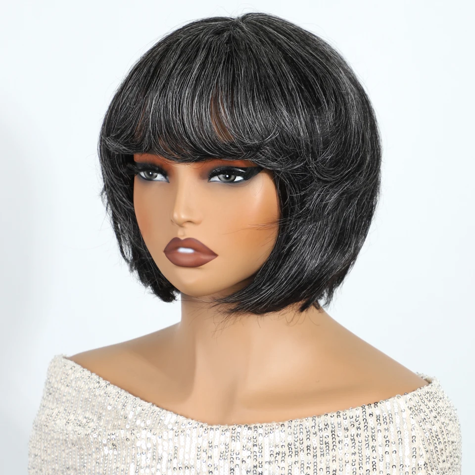 

Гладкие серые парики из натуральных волос 100% короткие парики из натуральных волос с стрижкой пикси 100% серые короткие парики из натуральных волос с челкой