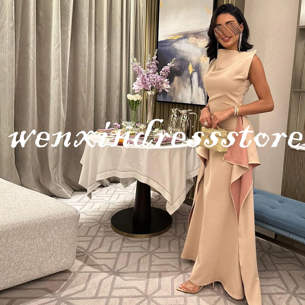 Women Saudi Arabia Modern Straight Floor length High Neckline Chiffon Sleeveless Evening Dress Prom Gowns Pleats Asymmetrical