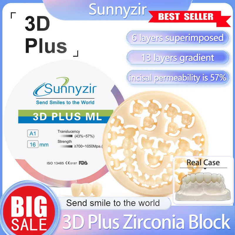 Sunnyzir Dental Lab Zirconia Block 3D Pro for Dental CAD CAM Transparency 43-57% High Strength VITA 16& BL1-4 Dental Materials