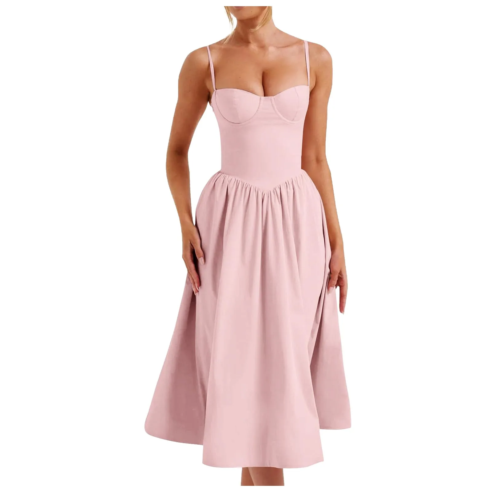 Robe mi-longue plissée à grand ourlet pour femme, robe de soirée chic pour femme, dos nu, poitrine sexy, bretelles spaghetti rondes, élégante