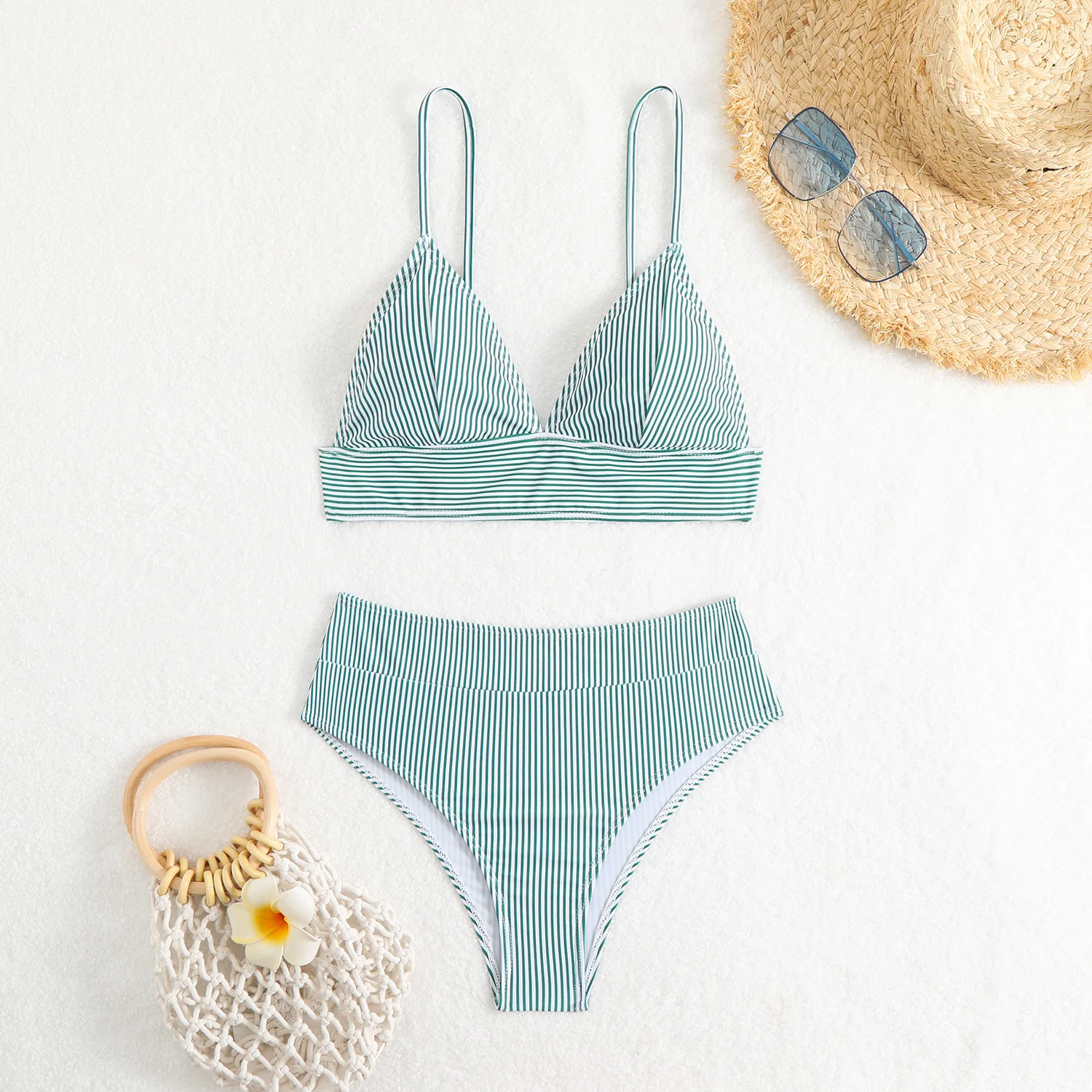 Sexy listrado cintura alta conjuntos de biquínis duas peças push up bikini maiô banho biquini conjunto de biquíni tankini maiô