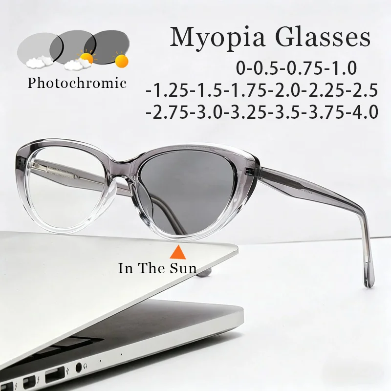 

2026 New Photochromic Myopia Glasses Cat-eye Fashion Oversized Frames Spring Legs Acrylic CP-Plugged Minus Diopter Eyeglasses