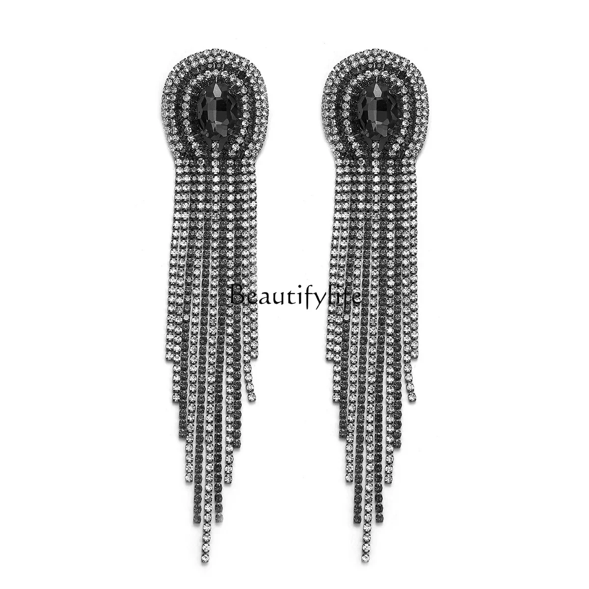 

European and American exaggerated large tassel full diamond black crystal earrings temperament luxury personalized earrings