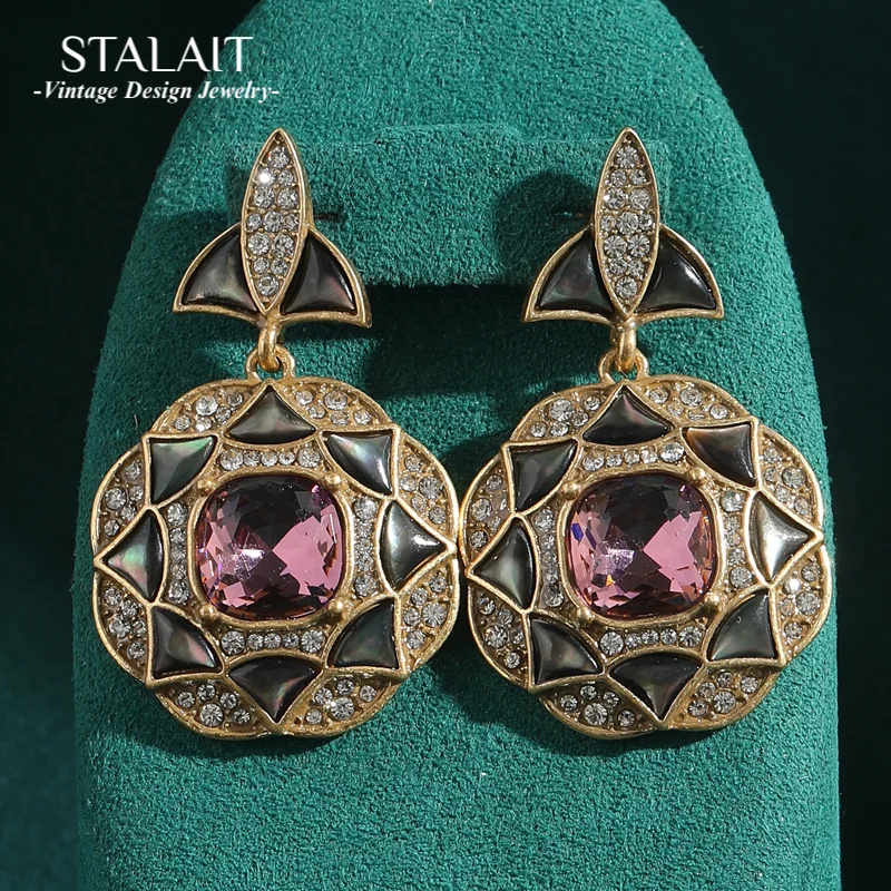 

Luxury Antique Purple Earrings Drop Crystal Geometric Circular Pendant For Woman Zircon Rhinestones Vintage Jewelry Accessories