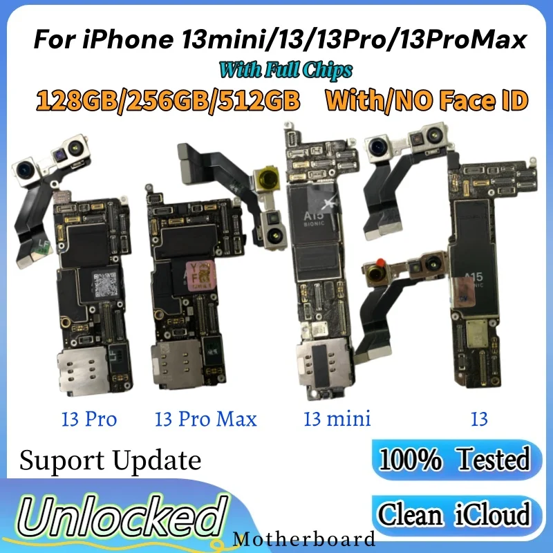 Placa base 100% desbloqueada para iPhone 13 Pro Max con/sin placa lógica de identificación facial para iphone 13 mini 13 Pro placa base iCloud limpia