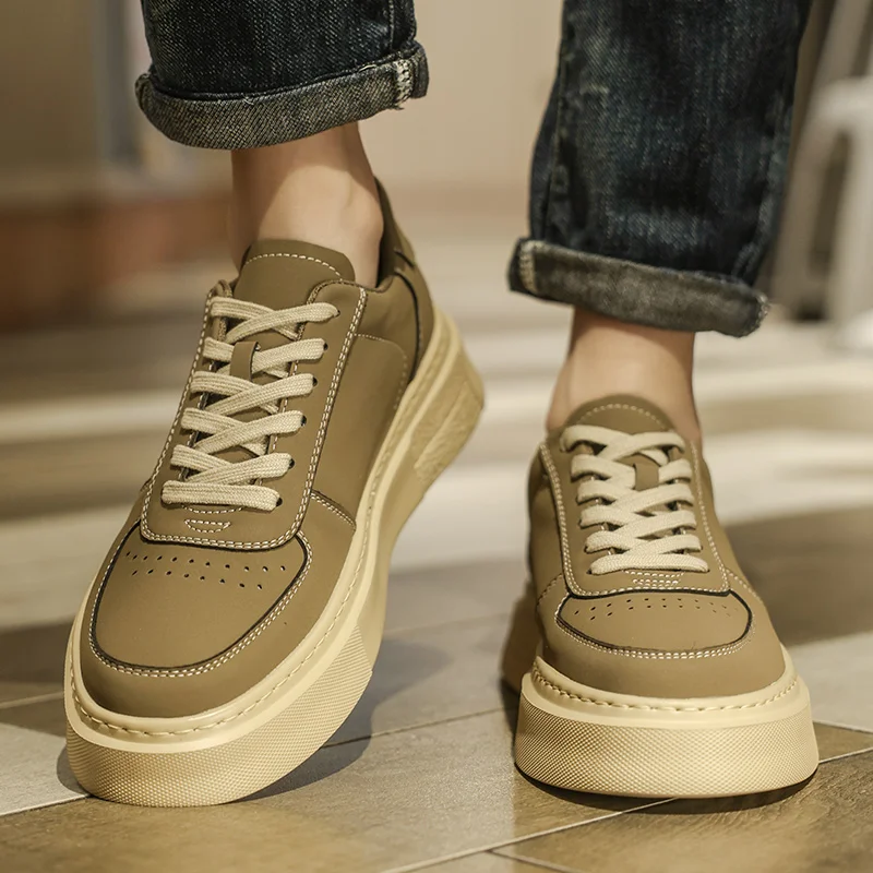 

Mens Casual Breathable Genuine Leather White Shoes Lace-up Oxfords Shoe Flats Platform Sneakers Street Style Stylish Footwear