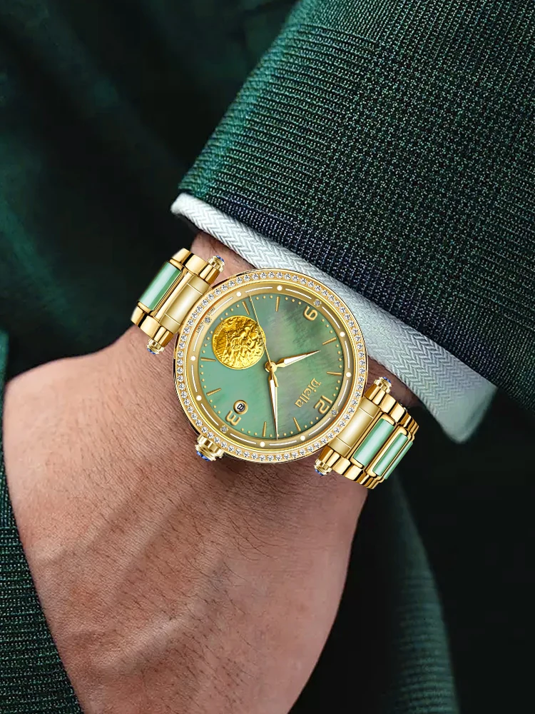 Mens Mechanical Watch Top Brand Luxury Gold Dragon Coin MOP Dial 50M Waterproof Luminous Sapphire Cz Diamond Jade Bracelet Date