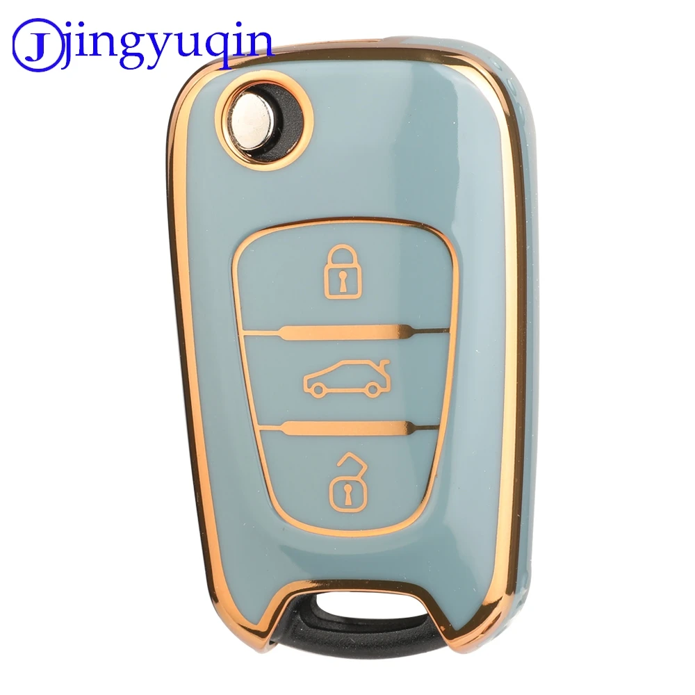 Casing Pelindung Kunci Mobil TPU jingyuqin Untuk Kia B/Hyundai E - Tanpa Lubang - Mengkilap, trim emas hitam Putih abu-abu - garis samping