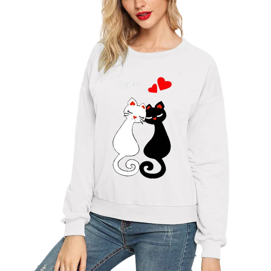 เสื้อฮู้ดลำลองแขนยาวคอกลมลายแมวสไตล์ยุโรปและอเมริกาสำหรับผู้หญิง สตรีทแวร์ เสื้อสเวตเชิ้ตผู้หญิง สไตล์สวยงาม