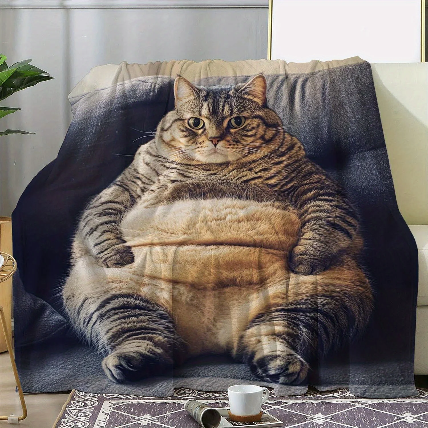 

Flannel Blanket - Retro Gray Tabby Cat Lounging on Couch Print, Throw for Sofa Bed Car Camping Office, Cozy Gift for Cat Lovers