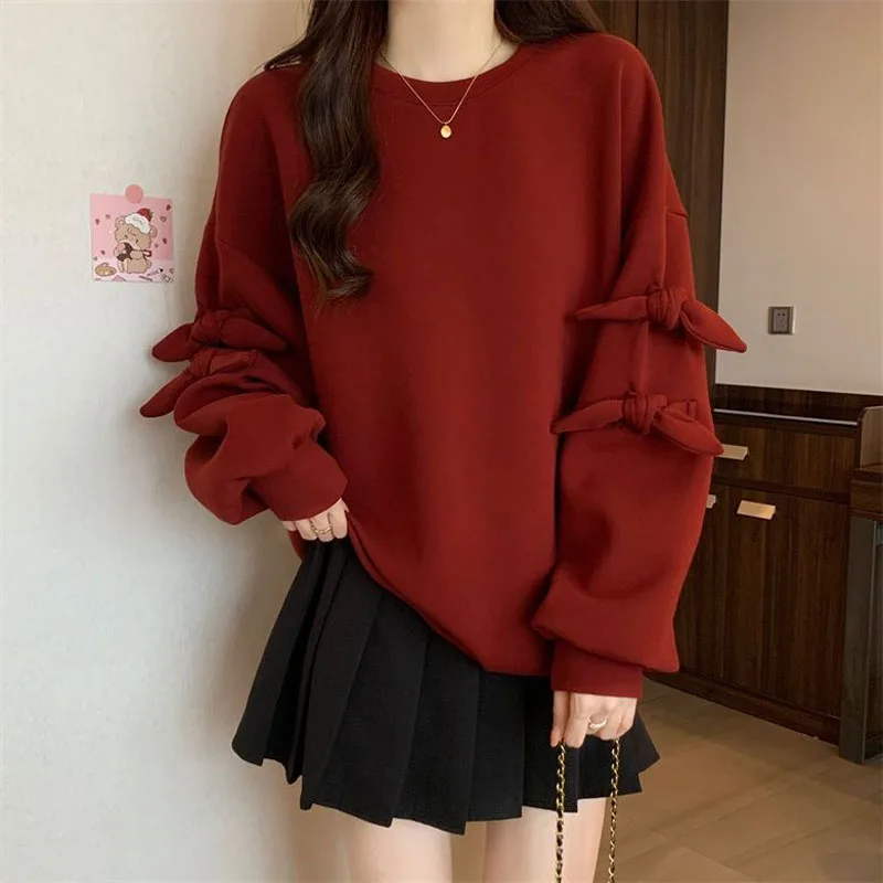 New Autumn/Winter Korean Edition Trendy Bow Knot Plush Thickened Round Neck Loose Versatile Slim Long Sleeve Women\'s Sweater