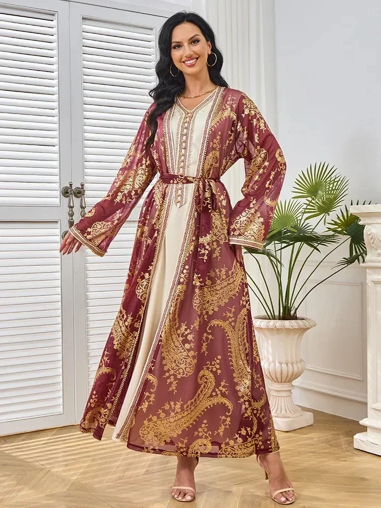 Two Piece Dress Women Muslim Party Dresses Jalabiya Sashes Ramadan Dubai Abayas Eid Vestidos Morocco Kaftan Arab Long Robe