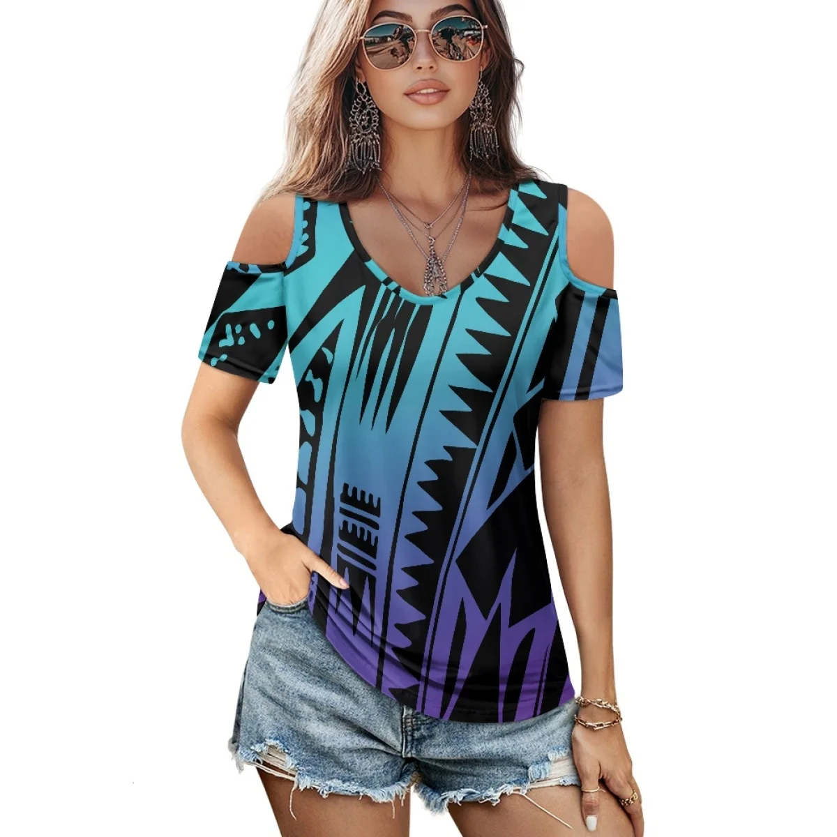 

New style island Hawaii fashion loose off-shoulder short-sleeved T-shirt Polynesian tattoo print short-sleeved T-shirt