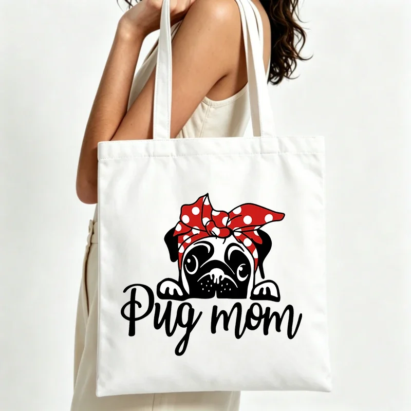 dog graphic canvas tote bag with polka dot bow, casual style for daily shopping and outings