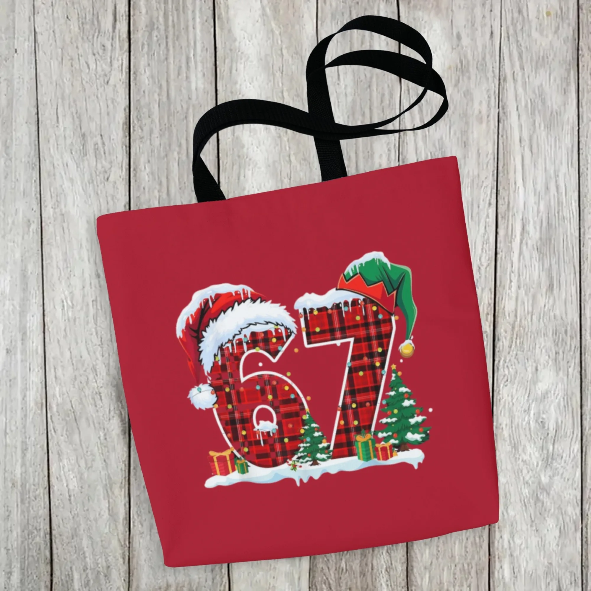 

Christmas Plaid 67 Six Seven Canvas Tote Bag Santa Pattern Print Large Capacity Reusable Shopping Bag for Teens Holiday Gifts