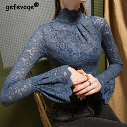 Women Sexy Lace Slim Basic Chic Elegant T-shirt Spring Autumn Korean Style Solid Long Sleeve Office Lady All Match Pullover Tops