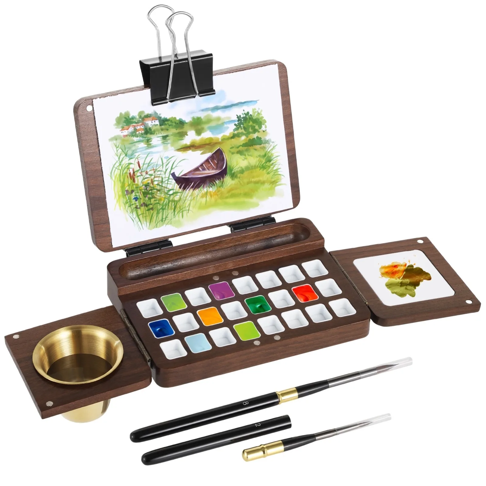 24 Grids Wooden Watercolor Palette Walnut Travel Watercolor Palette Foldable Empty Palette Box Paint Tray With 2 Paintbrushes