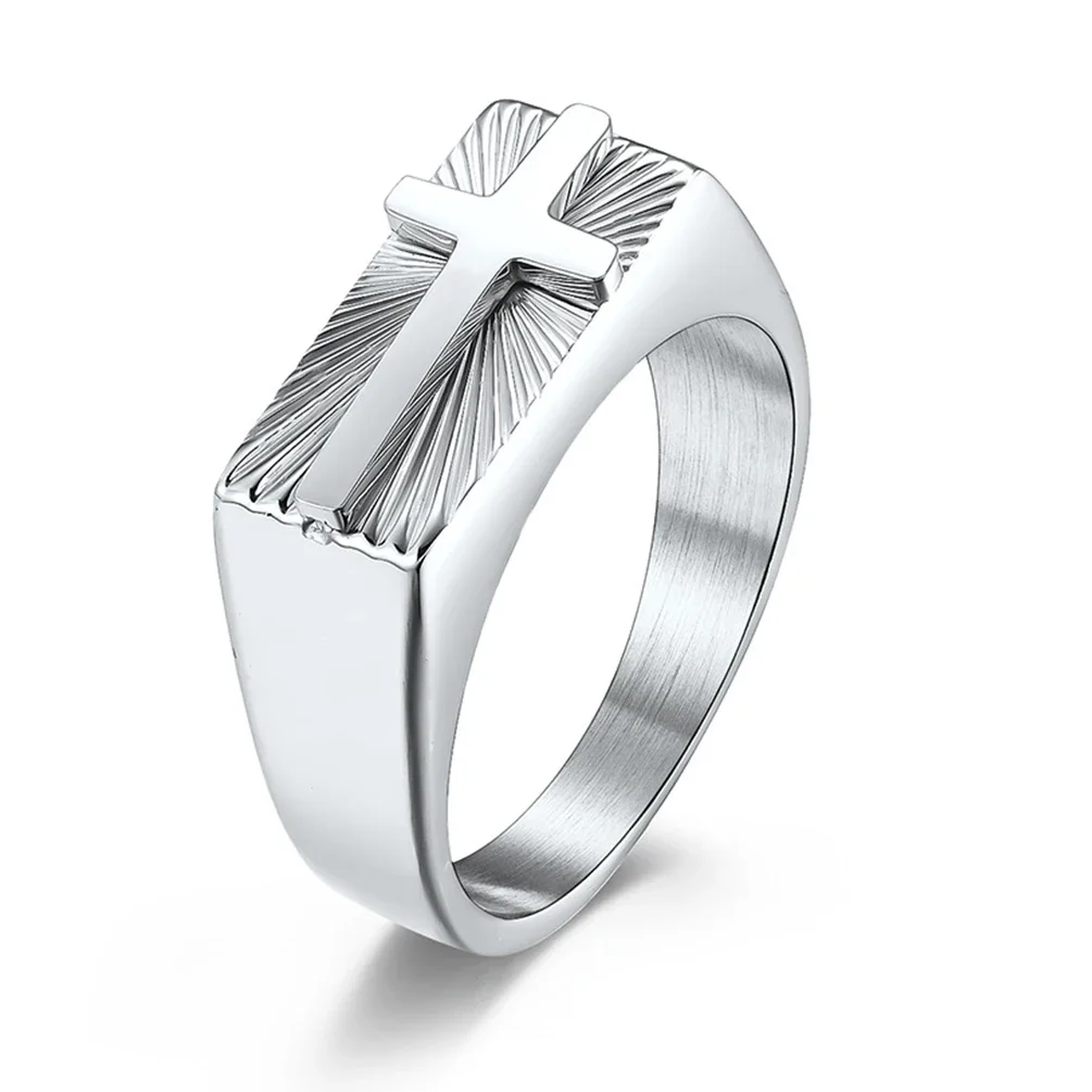 Classic Cross Signet Rings for Men Fashion Titanium Steel Geometric Rectangular Ring Christian Jewelry