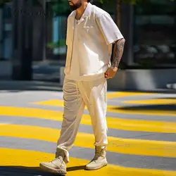 Casual Solid Color Outfits Mens 2025 Spring Autumn Fashion Short Sleeve Shirts And Pants Two Piece Sets Men Trendy Loose Suits