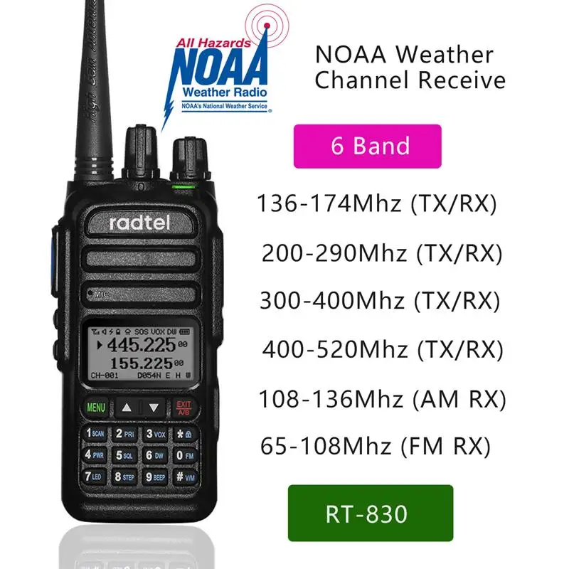 New! RT-830 NOAA Weather Channel 6 Bands Amateur Ham Two Way Radio 128CH Walkie Talkie Air Band Color Police Scanner Marine