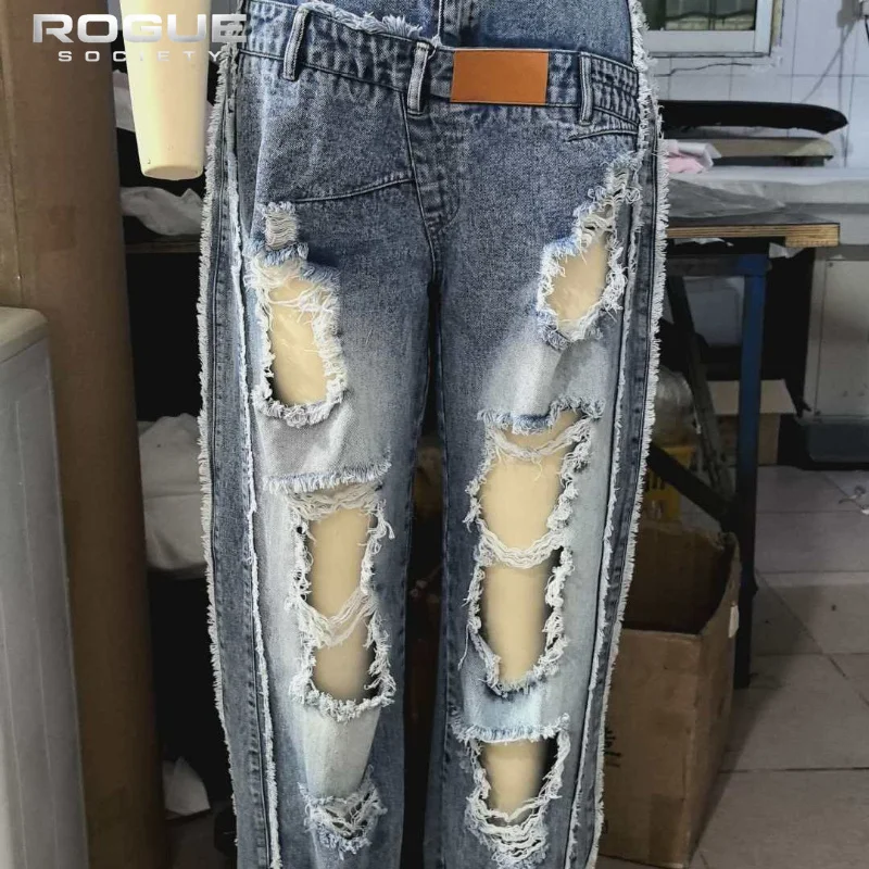 Calças Jeans Baggy Desgastadas de Moda Americana para Homens e Mulheres, Estilo Y2K, Cintura Alta, Calças de Denim Slim Casuais