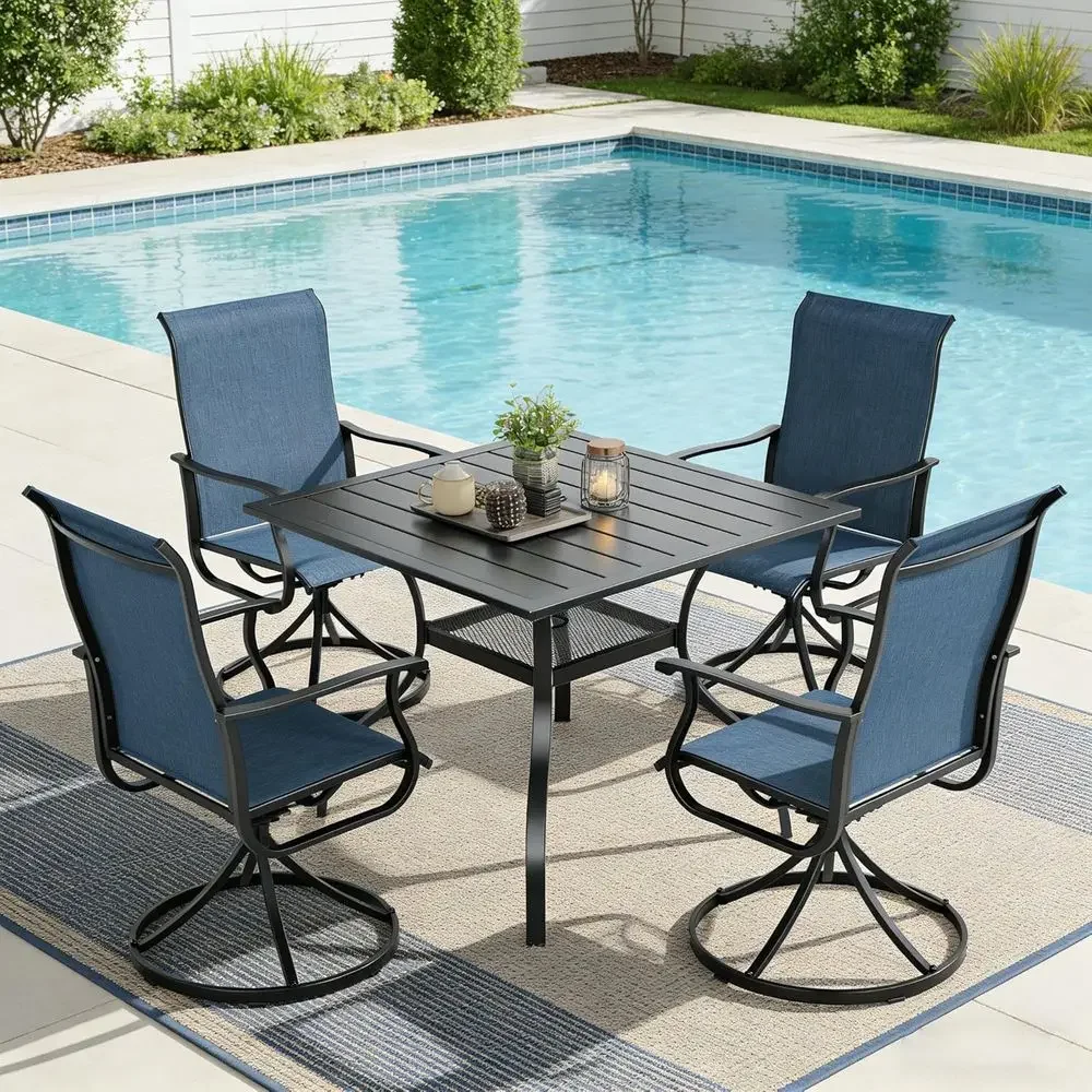 All-Weather Outdoor Patio Dining Set: Square Metal Table with 4 Blue Swivel Mesh Chairs for Garden, Poolside, and Backyard