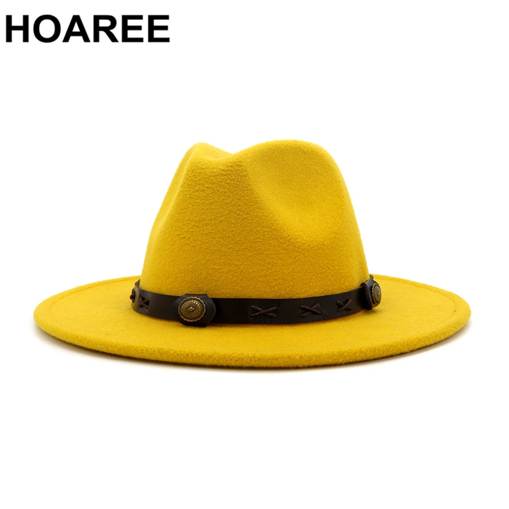 HOAREE Yellow Hat Trilby Women Fedora Hat Woolen Felt Hat with Belt Female Wide Brim Vintage Jazz Hats Retro Autumn Fedora Cap