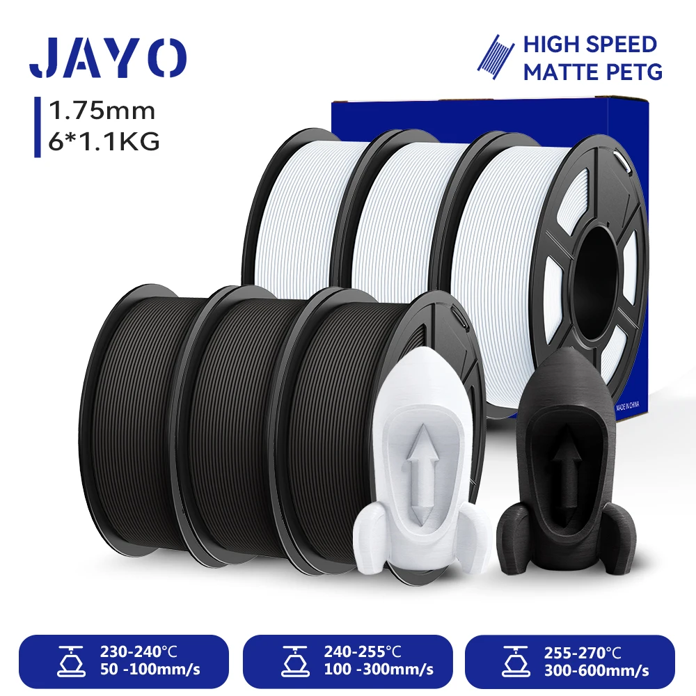 JAYO PETG 3D-Filament 1,75MM Hochgeschwindigkeits-Mattes PETG 3D-Drucker-Filament 6 Rollen High-Flow Speedy Matte Effekt 3D-Druckmaterialien