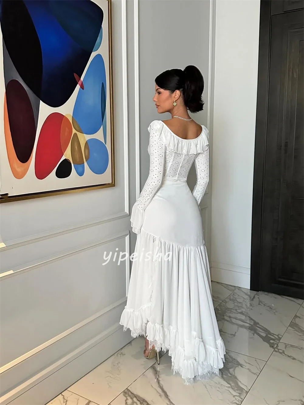 تخصيص الطراز الحديث مطابقة الشيفون Ruched الدانتيل حورية البحر مغرفة الرقبة الكاحل طول فساتين مناسبة مخصصة فساتين أنيقة #3