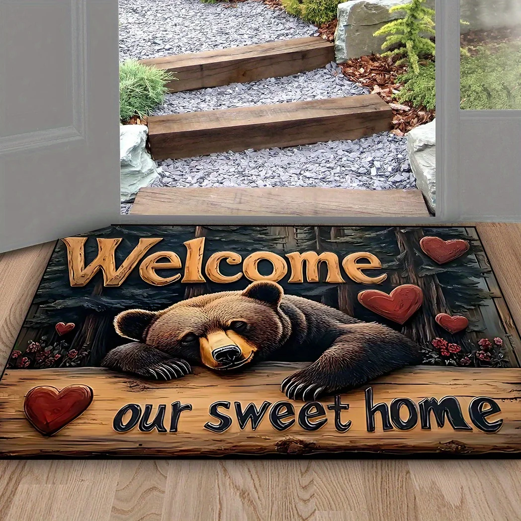 Cozy Cabin Vibe Floor Mat Laid‑Back Bear Artwork with Warm Welcome Quote Rustic‑Style Art Decor Rug for Home Entryway Space