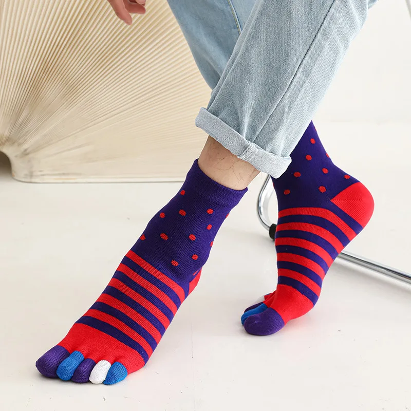 5 Pairs Man 5 Finger Short Socks Combed Cotton Thick Striped Round Deodorant Colorful Party Dress Business Toe Happy Funny Socks