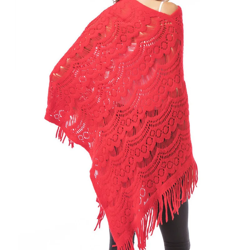 

Women's Irregular Medium Long Cape Shawl Knitted Sweater, Fringe Trim with Openwork Pattern, Elegant & Casual Cape for Layering
