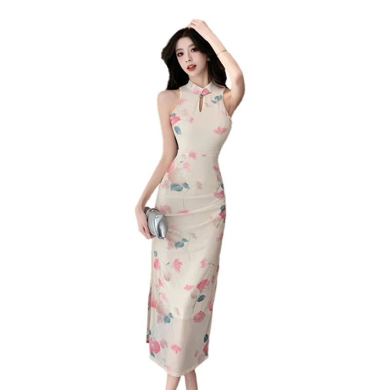 جديد الصينية Sle مثير شق Bodycon ميدي الدكتور المرأة الخريف 2025 تنورة دانتيل الرجعية الأزهار طباعة ثوب للمساحة والزفاف