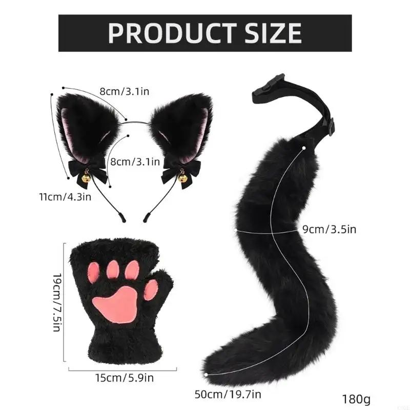 C9GE 3Pcs Halloween Cats Costume Accessories Cats Dress up Costume Headband, Tail, Gloves for Girl Cosplay Halloween