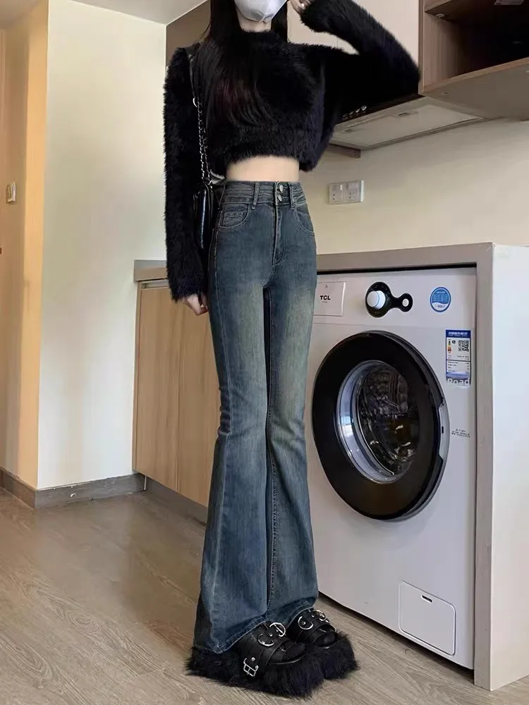 

Slimming High Waist Bell Bot Jeans Women's Spring Thin Large Size orter Cement ey Casual Wide Leg Pants Denim