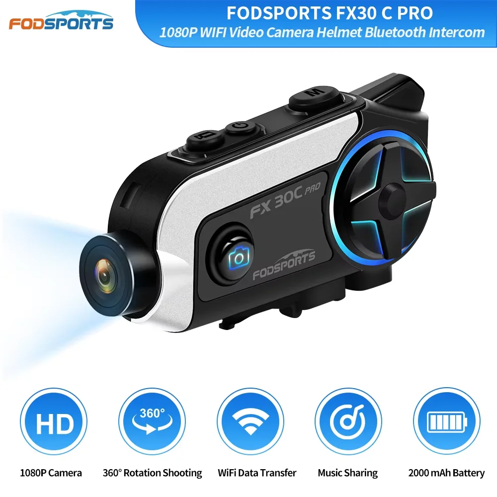 Fodsports FX30C Pro Motorcycle Intercom Helmet Bluetooth Headset 1080P Video Wifi Camera Recorder,BT5.0,FM,Music Share