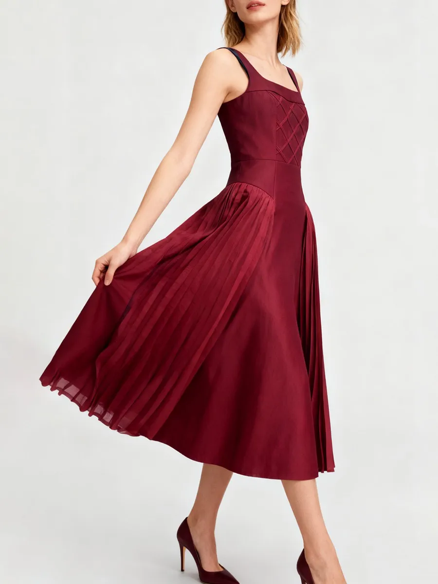 TWOTWINSTYLE Solid Spliced Shirring Fashion Dresses for Women Square Neck Sleeveless High Waist Casual Dress Female Clothing New