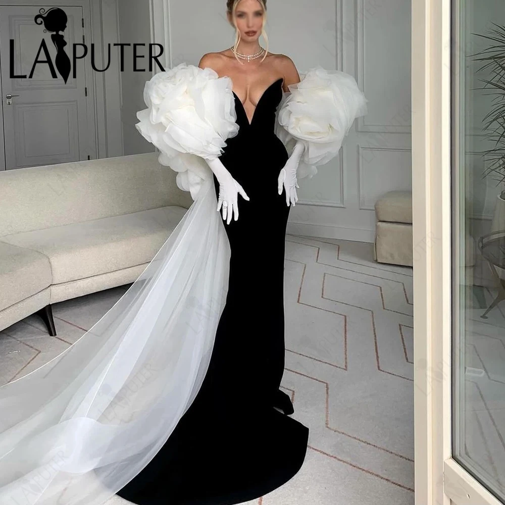 Black Mermaid Evening Dresses Off Shoulder Long Ruffles Flowers Cape Train Fashion Women V neck Formal Celebrity Gowns 2024