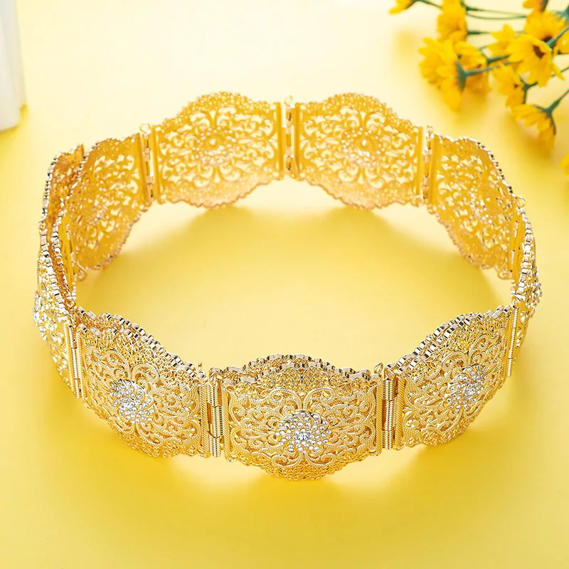 Cinturón de lujo de estilo árabe para compromiso de boda, cadena de cintura de cristal chapada en oro, diseño de flores huecas, joyería nupcial para el cuerpo