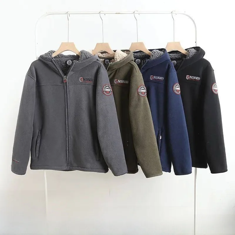 

Thiened Fce Lined Hooded Jaet Men's Autumn Winter Casual Sle Warmth Embroidered Coat Stand Fit Long Sve Zipper