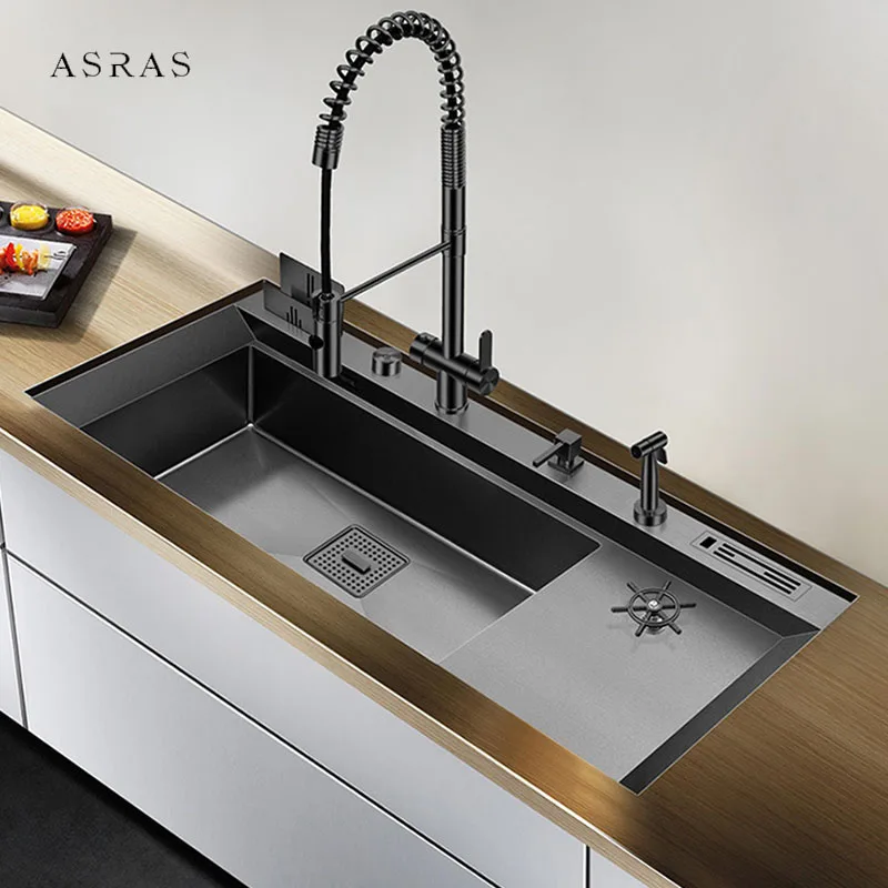 ASRAS New Nanometer Large Size Single Cup Rinser Kitchen Sink 4mm Thickness 220mm Depth With Drain Plate Knife Holder Sinks